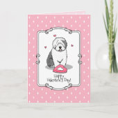 Roze Valentijn Oud Engels Sheepdog Dog Grey 1 Fun Kaart (Voorkant)