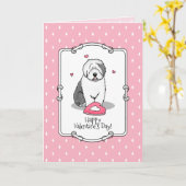 Roze Valentijn Oud Engels Sheepdog Dog Grey 1 Fun Kaart (Gele Bloem)