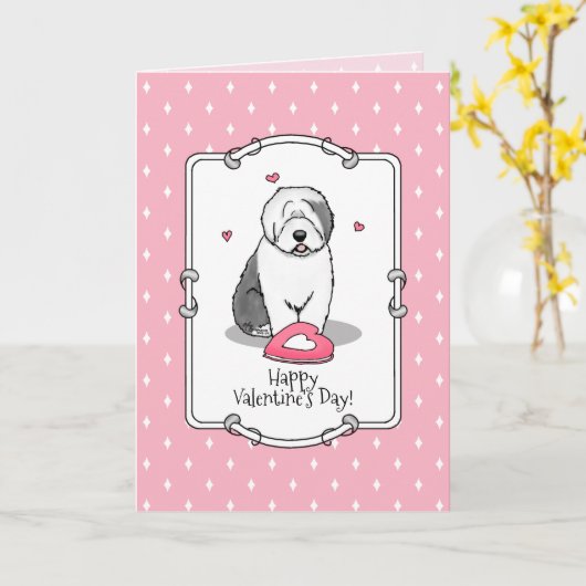 Roze Valentijn Oud Engels Sheepdog Dog Grey 1 Fun Kaart (Gele Bloem)