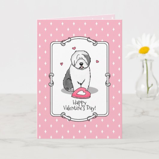 Roze Valentijn Oud Engels Sheepdog Dog Grey 1 Fun Kaart (Kleine Plant)