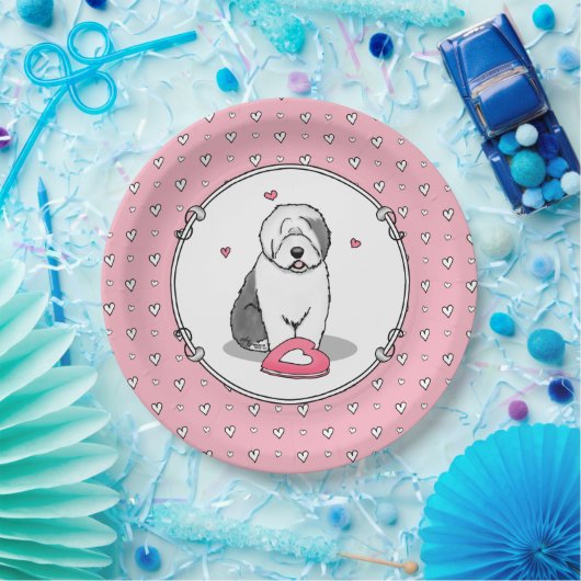 Roze Valentijn Oud Engels Sheepdog Dog Grey 1 Fun Papieren Bordje (Feest)
