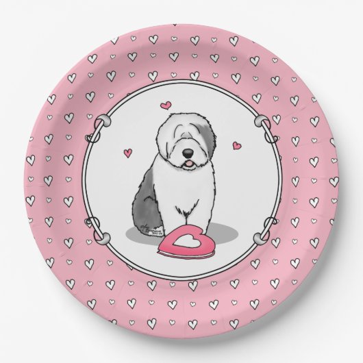 Roze Valentijn Oud Engels Sheepdog Dog Grey 1 Fun Papieren Bordje (Voorkant)