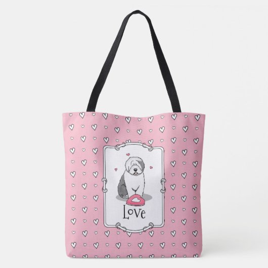 Roze Valentijn Oud Engels Sheepdog Dog Grey 1 Fun Tote Bag (Achterkant)