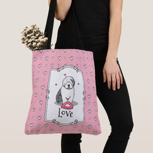 Roze Valentijn Oud Engels Sheepdog Dog Grey 1 Fun Tote Bag (Dichtbij)
