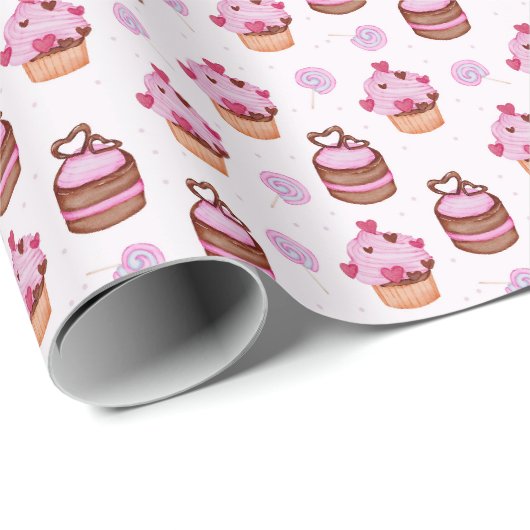 Roze Valentijnsdag Cupcake Cadeaupapier (Rol Hoek)