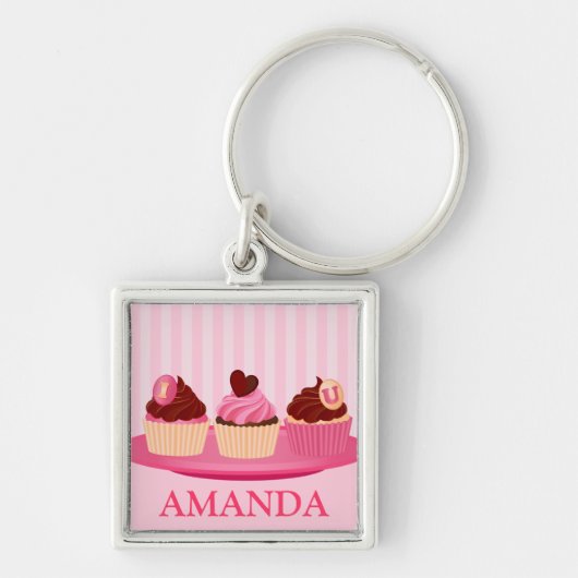 Roze Valentijnsdag Cupcakes Sleutelhanger (Voorkant)