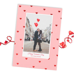 Roze Valentijnsdag fotokaart met rode harten Briefkaart