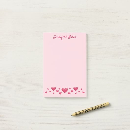 Roze Valentijnsdag-harten & aangepaste tekst Post-it® Notes (Op bureau)