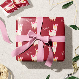  roze Valentijnsdag Llama Little Girl Name Cadeaupapier