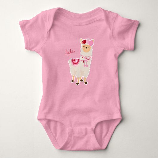  roze Valentijnsdag Llama Little Girl Name Romper (Voorkant)