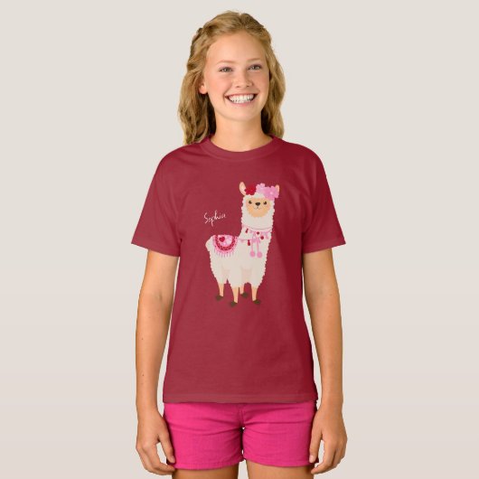  roze Valentijnsdag Llama Little Girl Name T-shirt (Voorkant volledig)
