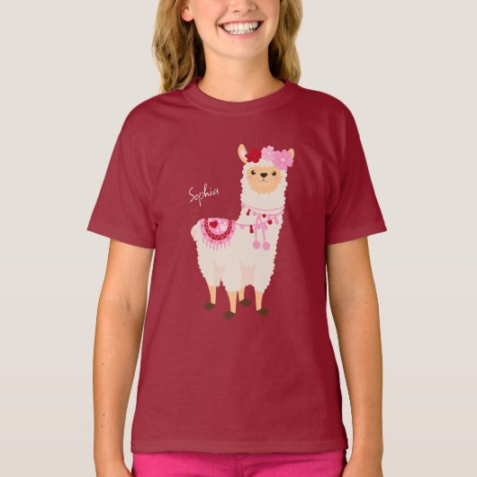  roze Valentijnsdag Llama Little Girl Name T-shirt (Voorkant)