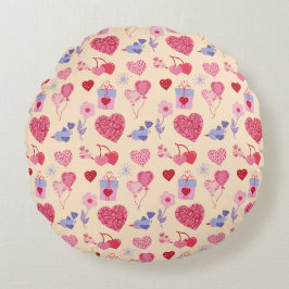 Roze Valentijnsdag-patroon met pictogrammen Rond Kussen