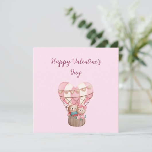 Roze Valentijnsdag teddy heeft heteluchtballon Ca Kaart (Staand voorkant)