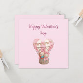 Roze Valentijnsdag teddy heeft heteluchtballon Ca Kaart (Voorkant / Achterkant in situ)
