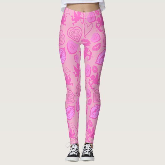 Roze Valentijnspatroon Leggings (Voorkant)