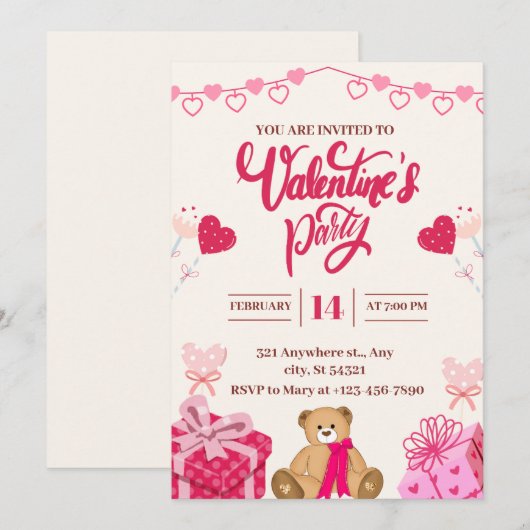 Roze Valentijns's feestuitnodiging Kaart (Voorkant / Achterkant)