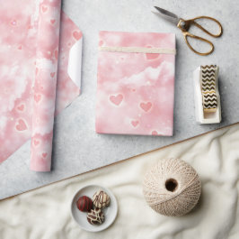 Roze Valentijnswolken Lucht met Gloeiende Harten Cadeaupapier