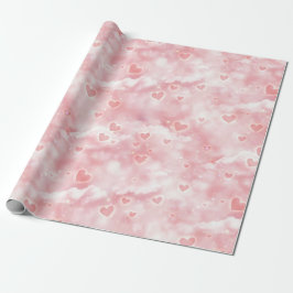 Roze Valentijnswolken Lucht met Gloeiende Harten Cadeaupapier