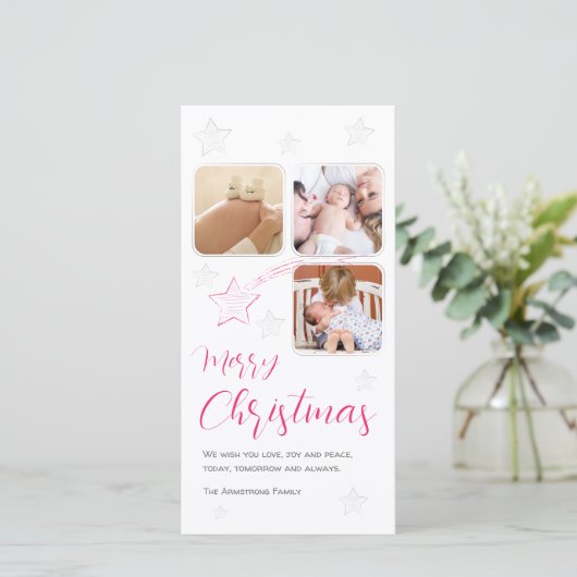 Roze vallende ster handgetekend 3 foto-script feestdagenkaart (Staand voorkant)