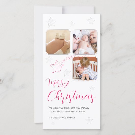 Roze vallende ster handgetekend 3 foto-script feestdagenkaart (Voorkant)