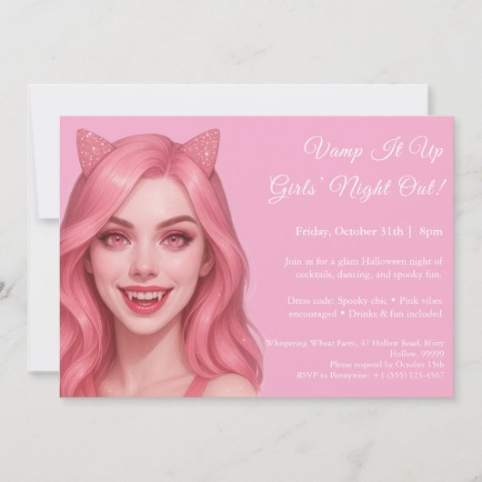 Roze Vampier | Uitnodiging Meidenavond Halloween (Voorkant)