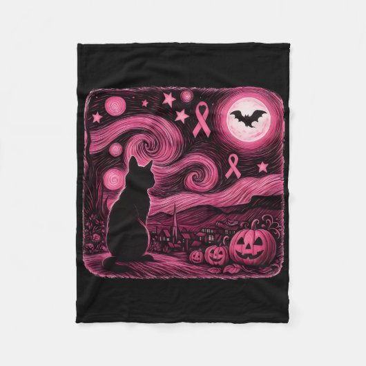 Roze Van Gogh Kat Halloween Borstkanker Awarenes Fleece Deken (Voorkant)