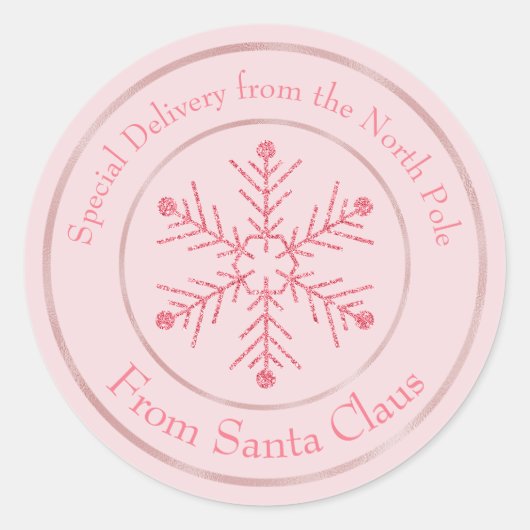 Roze van kerstman glittersneeuwvlok ronde sticker (Voorkant)