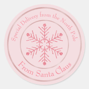 Roze van kerstman glittersneeuwvlok ronde sticker