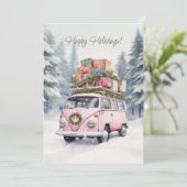 Roze Vanagon Kerstkaart (Staand voorkant)