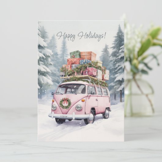 Roze Vanagon Kerstkaart (Staand voorkant)