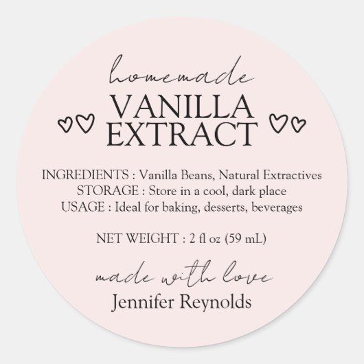 Roze vanille-extract met instructies ronde sticker (Voorkant)