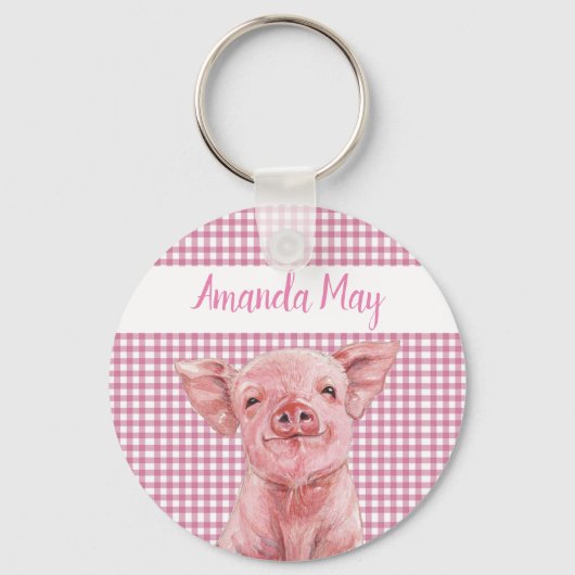 Roze Varken Aquarel Gingham Plaid Monogram   Sleutelhanger (Voorkant)