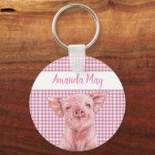 Roze Varken Aquarel Gingham Plaid Monogram   Sleutelhanger (Voorkant)
