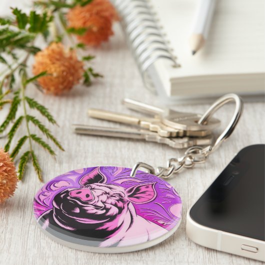 Roze Varken Design Acryl Sleutelhanger Rond Happy (Voorkant Rechts)
