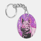 Roze Varken Design Acryl Sleutelhanger Rond Happy (Voorkant Links)
