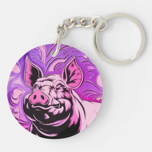 Roze Varken Design Acryl Sleutelhanger Rond Happy (Achterkant)