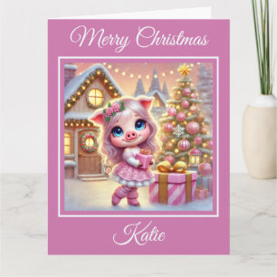 roze varken in een kerststal kaart