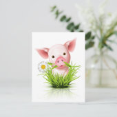 Roze varken in gras briefkaart (Staand voorkant)