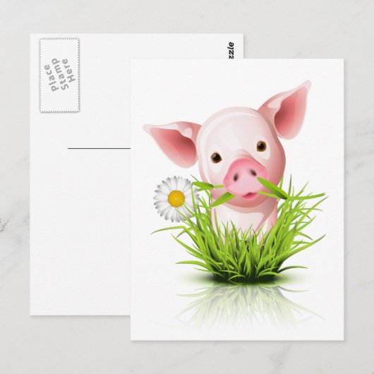 Roze varken in gras briefkaart (Voorkant / Achterkant)