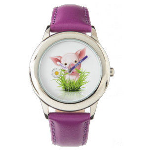 Roze varken in groengras horloge