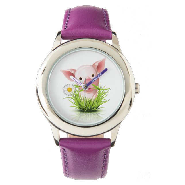 Roze varken in groengras horloge (Voorkant)
