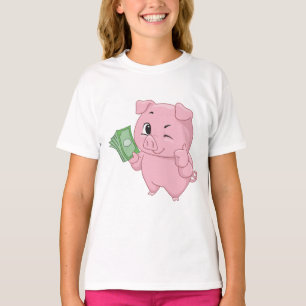 Roze varken met contant geld dat duimen omhoog gee t-shirt