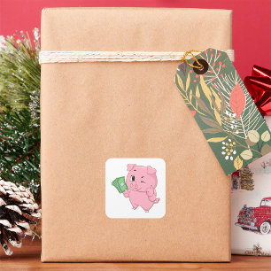 Roze varken met contant geld dat duimen omhoog gee vierkante sticker