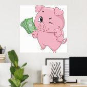 Roze varken met geld dat duim omhoog geeft poster (Thuiskantoor)