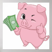 Roze varken met geld dat duim omhoog geeft poster (Voorkant)