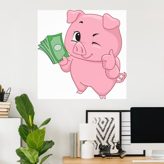 Roze varken met geld dat duim omhoog geeft poster