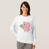 Roze varken met geld dat duim omhoog geeft t-shirt (Voorkant volledig)