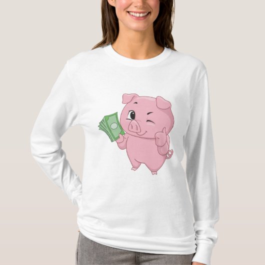 Roze varken met geld dat duim omhoog geeft t-shirt (Voorkant)