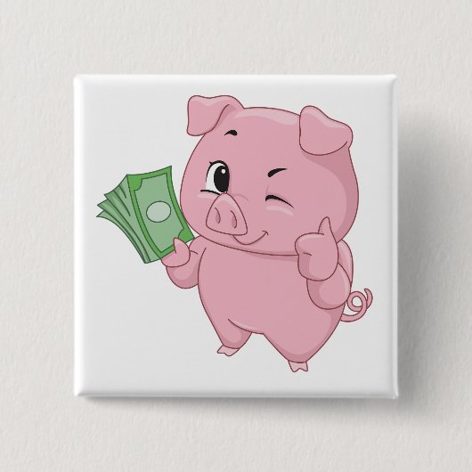 Roze Varken met Geld dat Duim Omhoog Geeft Vierkante Button 5,1 Cm (Voorkant)